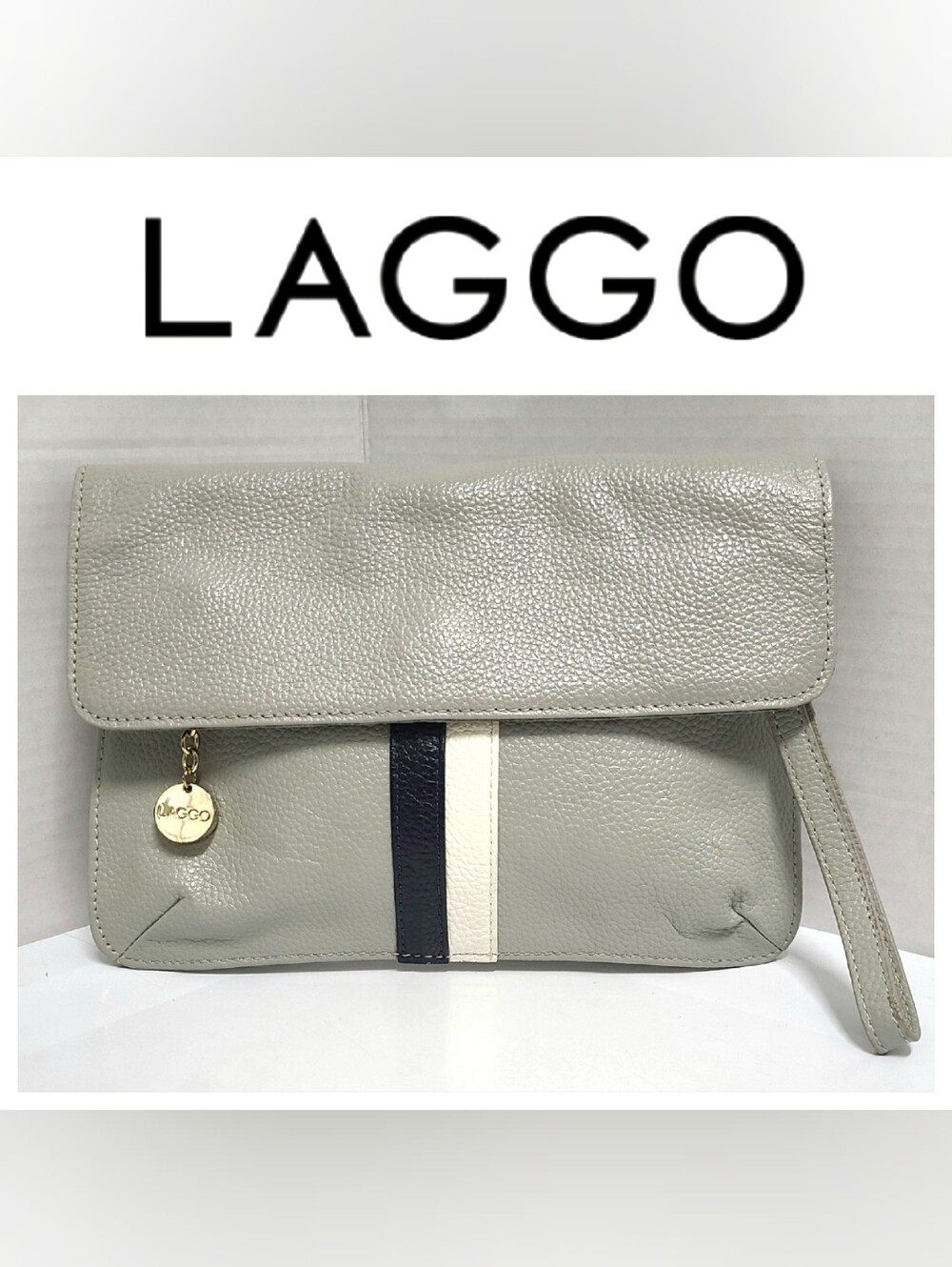 Laggo Soho Grey Leather Foldover Clutch Wristlet Bag Blue/White Racing Stripe